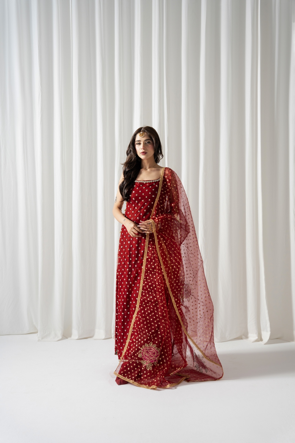 Deep Red Sheesha outfit with block printed duppata